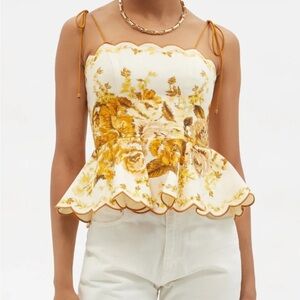 Zimmerman Aliane Scallop Floral- Print Linen Peplum Top NWT Size 1